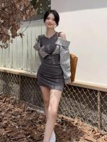 Vestido de manga larga de dos piezas falso empalmado, falda corta ajustada con hombros descubiertos y nicho de otoño - details 14