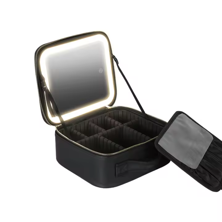 Estuche de maquillaje portátil elegante con espejo LED, organizador de PU ajustable, sin forro y apto para viajes - 1