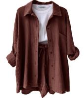 Conjunto de dos piezas para mujer, camisa de manga larga con cuello vuelto de tela arrugada, pantalones cortos con cordón de cintura alta, moda informal de talla grande - details 53