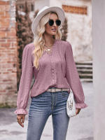 Blusa de gasa de retazos de encaje para mujer, camisa elegante informal de manga larga con cuello en V, trabajo de oficina, moda - details 7
