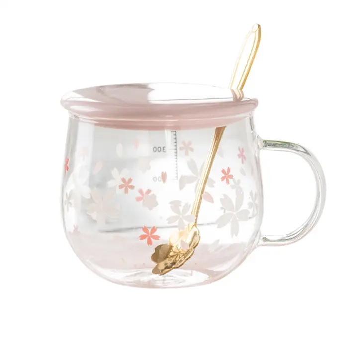 Taza de café creativa de vidrio Sakura, taza de agua transparente bonita resistente al calor con tapa de mango, cuchara, A, 400Ml - 1