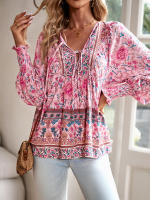 Blusa camisa floral rosa para mujer, top suelto de manga larga, ropa de calle, traje de oficina, ropa de mujer para otoño y primavera - details 3