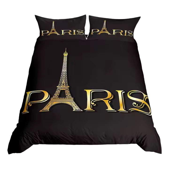 Juego de Ropa de Cama de París Eiffel Tower Cubierta de Edredón Romántica de Poliéster en Negro y Blanco Diseño de Paisaje Úrbano para Cama Twin - 1