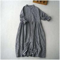 Vestido literario de primavera y otoño, cómodo, de algodón de doble capa, con cuello levantado, de manga larga, holgadas de cuadros - details 0
