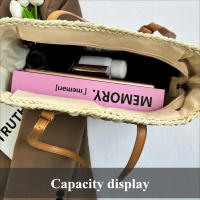 Bolso de mano de paja tejido de gran capacidad de inspiración vintage con patrón de rejilla negra: elegante para llevar en el hombro y las axilas, ideal para la playa, desplazamientos diarios y regalos navideños, disponible en negro, bolso de paja, tejido - details 4