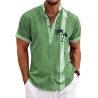 Nuevas camisas Henley con estampado 3D de rayas de cocotero, camiseta de manga corta con cuello levantado y botones de gran tamaño para hombre, camisetas, ropa para hombre - details 1