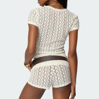Conjunto de 2 piezas de encaje Floral transparente Y2k para mujer, Tops cortos de manga corta transparentes, camiseta + minipantalones cortos con pliegues - details 5