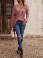 Camiseta holgada de manga larga con cuello en V para mujer, Tops blancos informales, jersey de oficina, otoño e invierno, nuevo - details 18
