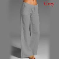 Pantalones de pierna ancha de lino y algodón para mujer, pantalón largo recto con cintura elástica y cordón, holgado e informal, con bolsillos lisos - details 3