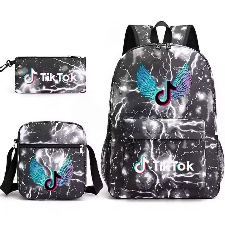 Mochila escolar Tiktok de tres piezas, mochila informal para estudiantes, mochila para exteriores de gran capacidad, bolso de lona informal, negro relámpago ~ 1 - 1