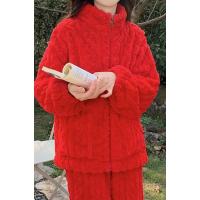 Conjunto De Pijamas De Dos Piezas Para Mujer, Conjunto De Top Y Pantalones De Manga Larga Con Cuello Levantado Texturizado De Jacquard Y Cremallera, Grueso Y Cálido, Otoño - details 14