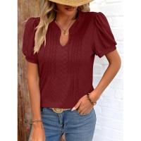 Camiseta holgada de Color sólido de manga corta con cuello en V para mujer a la moda de estilo coreano para verano - details 9