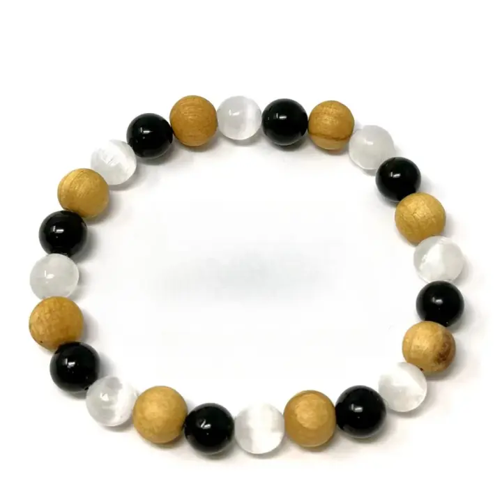 Pulsera de purificación corporal de cristal de 8 mm con selenita, turmalina negra y palo santo para mejorar el movimiento y la energía - 1