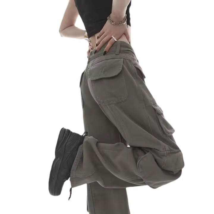 Pantalones vaqueros de pierna ancha holgados grises, ropa de calle de cintura alta, pantalones Cargo para mujer, pantalones Hippie para correr, ropa - 1