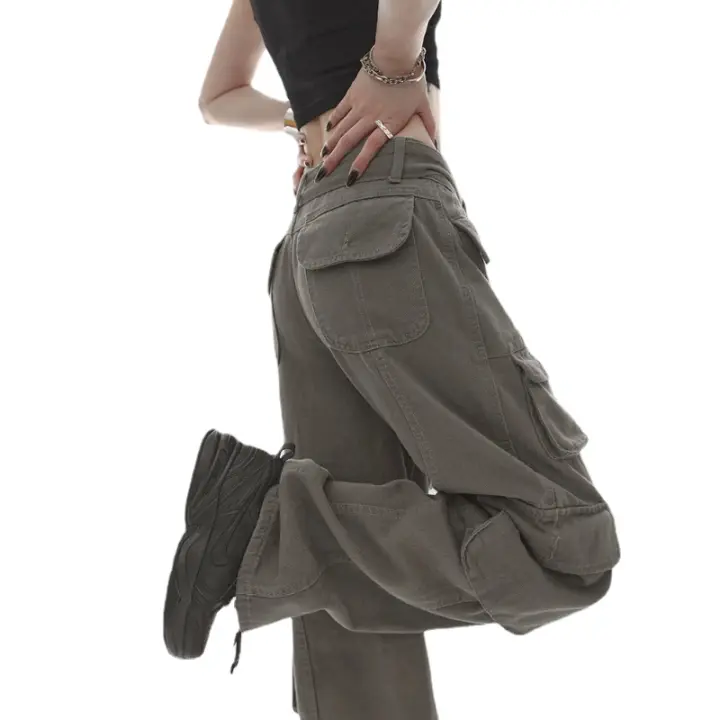Pantalones vaqueros de pierna ancha holgados grises, ropa de calle de cintura alta, pantalones Cargo para mujer, pantalones Hippie para correr, ropa - 1