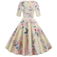 Women floral print casual half sleeve elegant vintage party dress - details 4