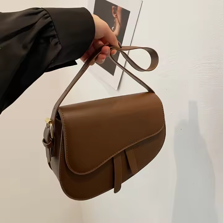 Bolso de sillín retro elegante para mujer, bolso cruzado y de hombro minimalista de color sólido, herrajes en tono dorado y correa ajustable - 1