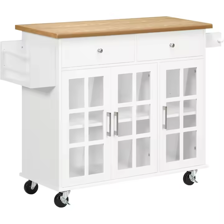 Cocina Isla Multifuncional con Ruedas 2 Cajones, 3 Puertas de Vidrio Templado, Toallera y Especiero - 1