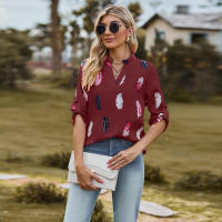 Camisa con estampado de plumas de tres cuartos y manga e para mujer, cuello en V, otoño, nueva - details 21