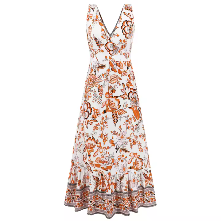 Vestidos largos bohemios para mujer, cuello en V, sin mangas, cintura alta, Maxi, estampado naranja, playa, S - 1