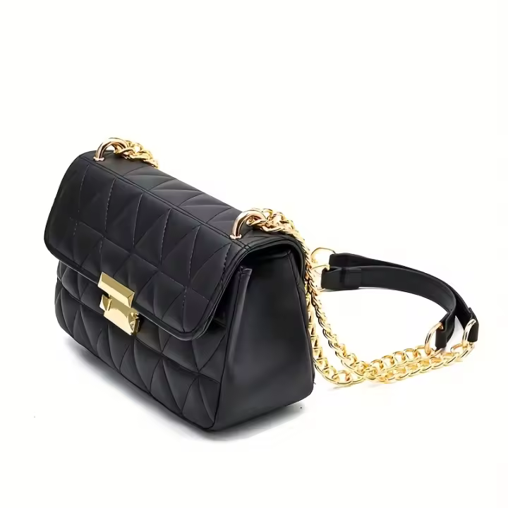 Bolso de Hombro Acolchado con Cadena Dorada Estilo Vintage Negro, Cierre Seguro, Forro de Poliéster, Accesorio Elegante, Construcción Duradera para Ocasiones Casuales y Formales - 1