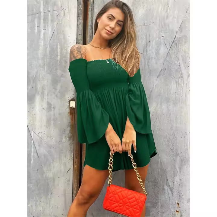 Vestido corto de verano para mujer, de color sólido, con hombros descubiertos y mangas acampanadas - 1