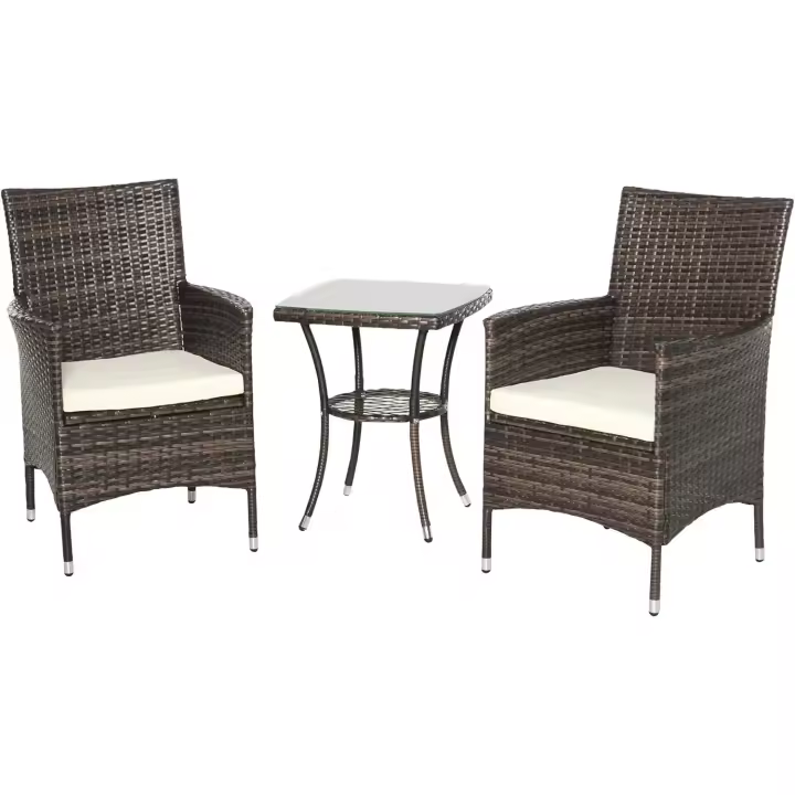Conjunto de Muebles Ratán para Jardín Formado por 1 Mesa y 2 Sillones con Cojines Estructura de Metal y Ratán Marrón - 1