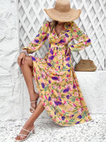 Vestido largo informal de verano para mujer, prenda de manga larga con escote en V, ahuecado en la espalda, Vintage, elegante, para fiesta en la playa, 2024 - details 7