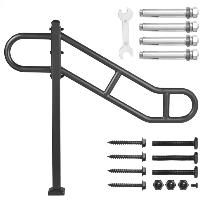 SucceBuy Pasamanos de poste único para exteriores de 1 a 3 escalones, barandilla de escalera de metal en forma de U de 40,5" de largo x 35,4" de alto, acero al carbono montado en el piso - 1