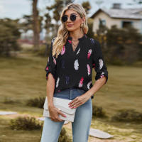 Camisa con estampado de plumas de tres cuartos y manga e para mujer, cuello en V, otoño, nueva - details 9