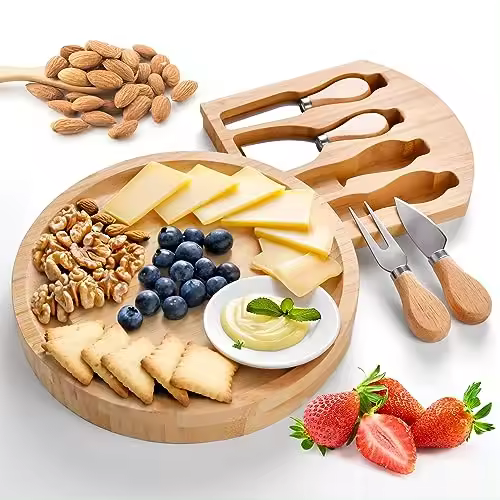 Tabla de queso de bambú con juego de cuchillos para queso, plato redondo de charcutería de 25 cm - 1