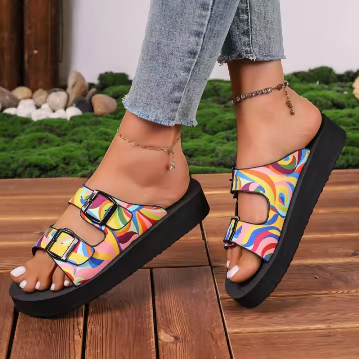 Zapatillas planas con estampado aleatorio para mujer, zapatos informales, sandalias de playa, chanclas para caminar, verano, 2024 - 1