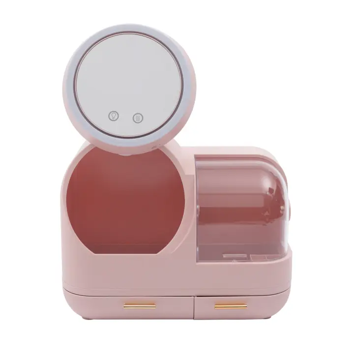 Organizador de cosméticos, joyería, maquillaje, espejo HD con luz LED, caja de almacenamiento de ventilador, Rosa - 1