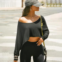 BUNO-Tops informales de punto liso con hombros descubiertos, camisetas de otoño de manga larga con cuello oblicuo conciso para mujer, camisetas deportivas irregulares - details 4