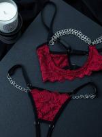 Conjunto de lencería de encaje floral erótico, sujetador abierto transparente y tanga con cadena, lencería sexy y ropa interior - details 20