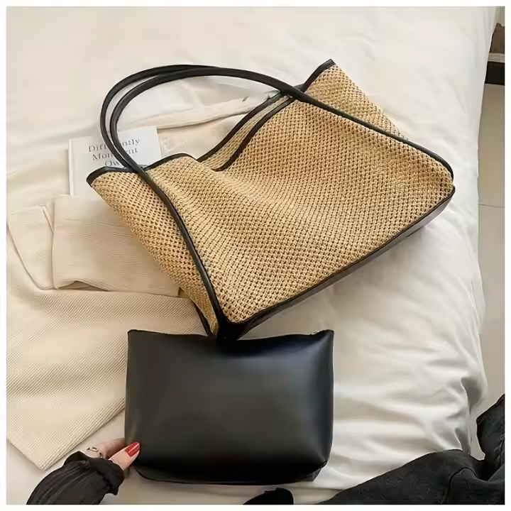Bolso de hombro de paja de gran capacidad para mujer, textura de tejido natural, ribete de bloques de color, bolso de mano artístico de paja, perfecto para uso diario y salidas, disponible en 2 colores - 1