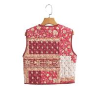 BUNO-Chaleco acolchado con estampado de flores rojas chinas para mujer, abrigo sin mangas, cuello en V, botones cubiertos, ropa de abrigo corta Vintage, 2025 - details 2