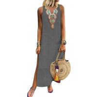 Vestido Casual Bohemio Midi Sundress de Algodón Lineno Suave con Estampado - details 0