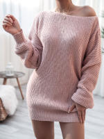 Vestido de suéter suelto de manga larga con cuello oblicuo para mujer, Mini Vestidos de punto casuales, Color sólido, Otoño e Invierno - details 12