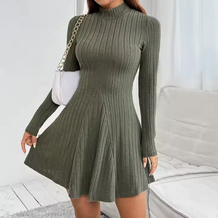 Vestidos de mujer otoño-invierno Color sólido, manga larga, cuello alto, cintura alta, doble abertura, estilo casual - 1