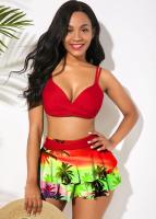 Traje de baño Sexy con volantes para mujer, conjunto de Bikini cruzado con realce, traje de baño de playa con estampado de arce, falda, traje de baño de talla grande - details 3