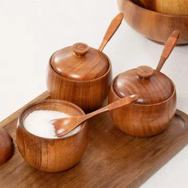 Tarro de madera para condimentos, cocina creativa, vintage, sal, azúcar, tarro de condimentos con tapa - 1