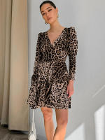 Estampado de leopardo con cuello en V ajustado verano otoño nuevo estampado manga larga vestido corto para mujer elegante - details 7