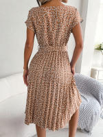 Spring Summer Women Short Sleeve Pleated Long Dress Elegant High Waist Floral Fashion A-line Dress - details 28