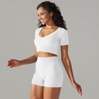 Hamidou-Conjunto de ropa deportiva sin costuras para mujer, Leggings de cintura alta, camisetas de manga corta, pantalones cortos, conjunto de 2 piezas, ropa de gimnasio - details 0
