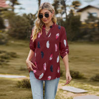Camisa con estampado de plumas de tres cuartos y manga e para mujer, cuello en V, otoño, nueva - details 23