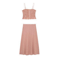TRAFZA-traje a cuadros para mujer, elegante traje sin mangas con botones decorativos, chaleco con tirantes elegante + falda acampanada de cintura alta - details 2