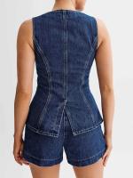 Chaleco Denim Largo Retro Vintage Ajuste Delgado, Sin Mangas, Espalda con Aguja, Bolsillo Redondo, Estilo Y2K para Mujeres - details 7