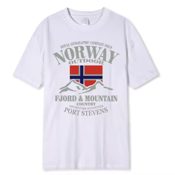 Camiseta de algodón para hombre, cuello redondo, manga corta, diseño de bandera noruega, montañas del fiordo, hip-hop loco, talla grande, verano - 1