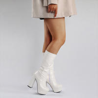 Botas de longitud media para mujer, con plataforma impermeable, tacón grueso, cremallera lateral, botas de moda de charol, Otoño/Invierno 2025 - details 12